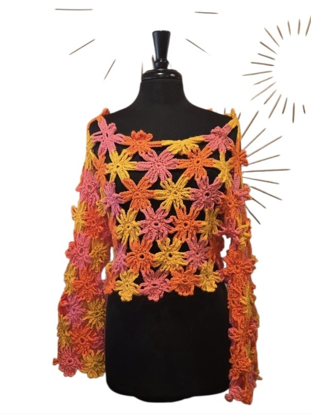 Handmade Pink-Orange Yellow Crochet Floral Scoop Sweater